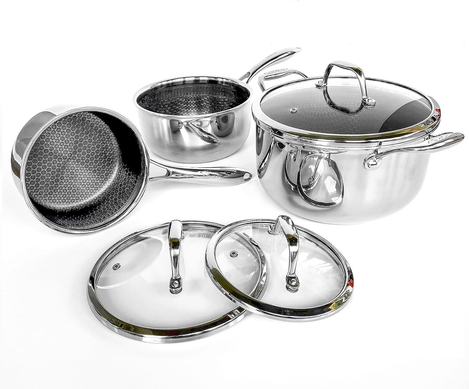 HexClad Hybrid Stainless Steel 6 Piece Frying Pan Set with Lids